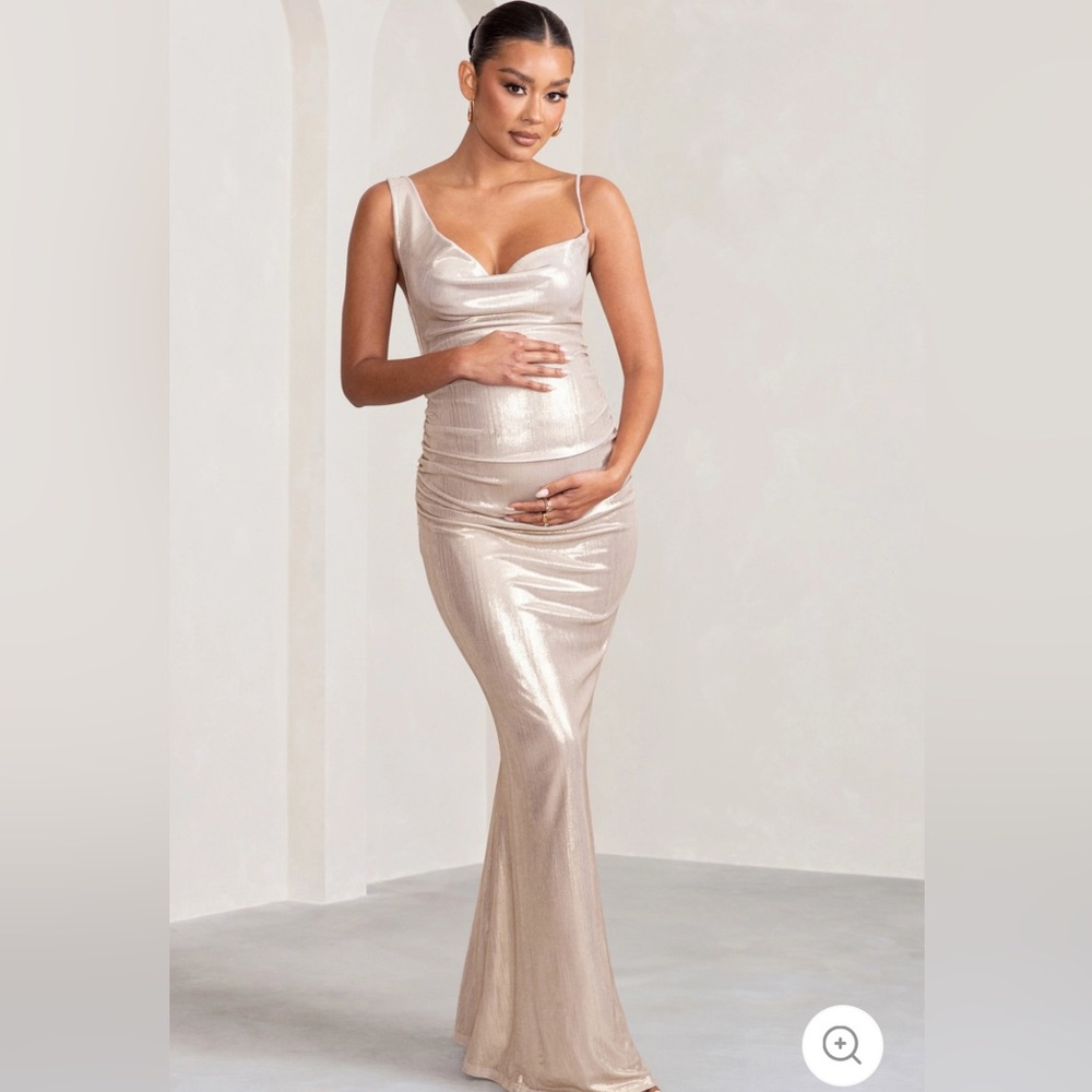 Club L London Galaxy Shimmer Gold Maternity Cowl Neck Maxi BABY SHOWER dress✨
